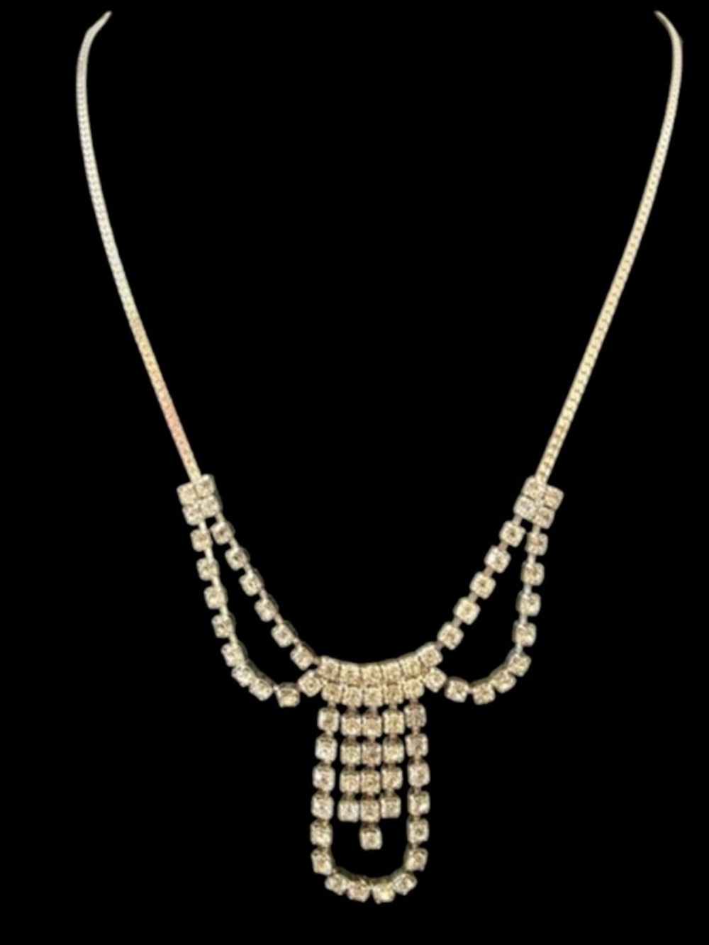 Vintage Silver Tone Prong Set Rhinestone Tassel Necklace 21”…